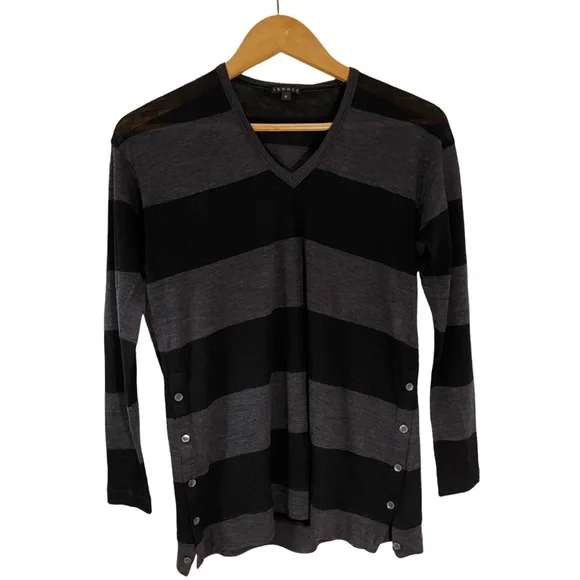 [s] THEORY Sweater shirt wool sheer striped v-neck black grey long sleeve - Picture 3 of 8
